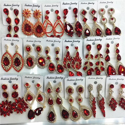 Wholesale 12 Pairs /Lots Wedding Bridal Statement Red Crystal Earrings for Women Rhinestone Drop Dangle Earrings Fashion Jewelry ► Photo 1/6