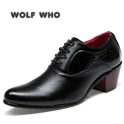 WOLF WHO Luxury Men Dress Wedding Shoes Glossy Leather 6cm High Heels Fashion Pointed Toe Heighten Oxford Shoes Party Prom X-196 ► Photo 1/6