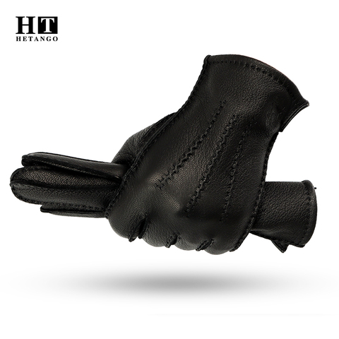 New winter men's leather gloves hand-stitched deerskin warm wear-resistant black wave pattern Cold proof mittens 70% wool lining ► Photo 1/6