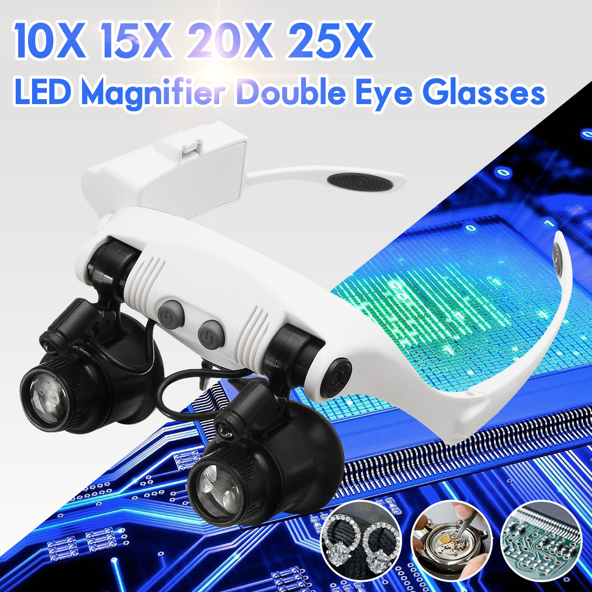 10X 15X 20X 25X LED Magnifier Double Eye Glasses Loupe Lens Jeweler Watch Repair Measurement with 8 Lens LED lamp ► Photo 1/6
