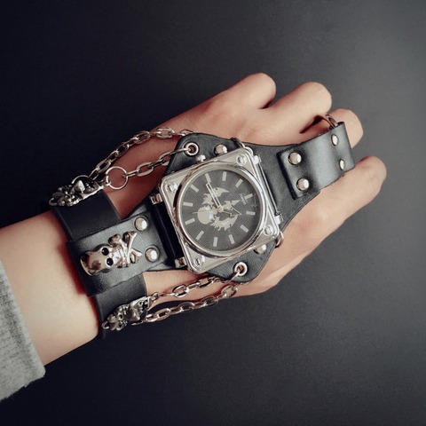 Hot New Men Punk Skull Black Leather Bracelet Wrist Watches with 50mm Wide Band Big Dial Watch Hours for Men relogio masculino ► Photo 1/6