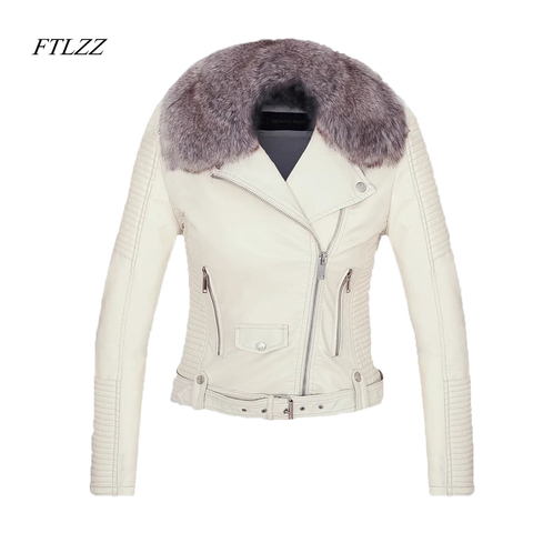 FTLZZ New Women Winter Faux Leather Jacket Warm Large Fur Collar Lady Motorcycle Pu Faux Soft Leather White Black Pink Coat ► Photo 1/6