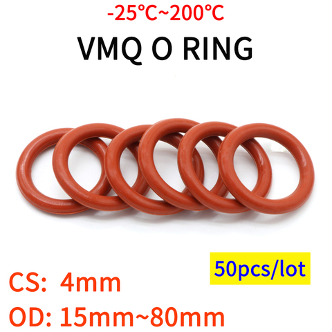 50pcs VMQ O Ring Seal Gasket Thickness CS 4mm OD 15 ~ 45mm Silicone Rubber Insulated Waterproof Washer Round Shape Nontoxi Red ► Photo 1/3