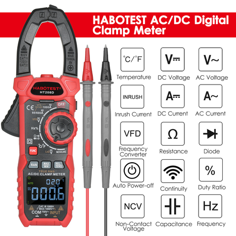 HABOTEST HT208D AC / DC Digital Clamp Meter True-RMS Multimeter Anto-Ranging Multi Tester Current Clamp with Amp Volt Ohm Diode ► Photo 1/6