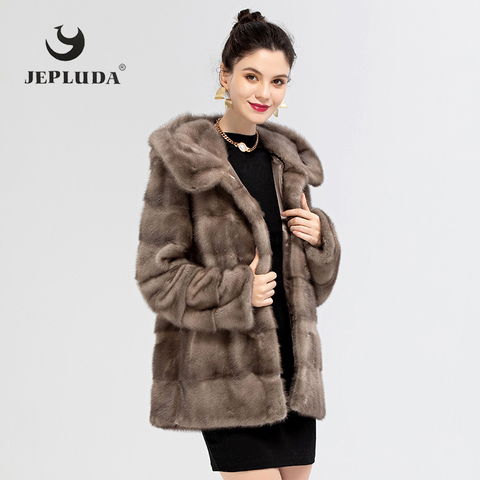 JEPLUDA Classic High Quality Natural Real Mink Fur Coat Women Hood Sleeve Removable Warm Soft Winter Real Fur Coat Fur Jacket ► Photo 1/6