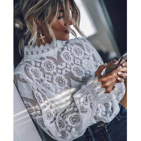 Sexy lace blouse white fashion full sleeve blusa feminina ladies tops vintage sexy lace shirt vetidos mujer 2022 spring new za ► Photo 1/6