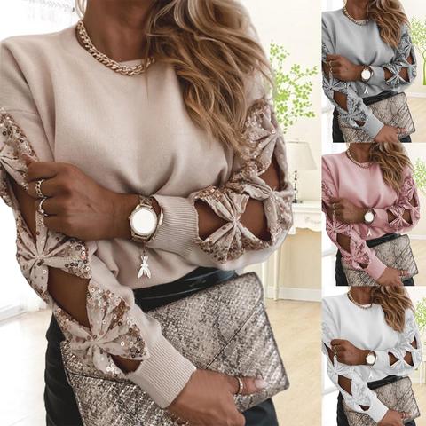 Women Elegant Solid Color Sequin Knitted Sweater Hollow Out Long Sleeve Pullover ► Photo 1/6