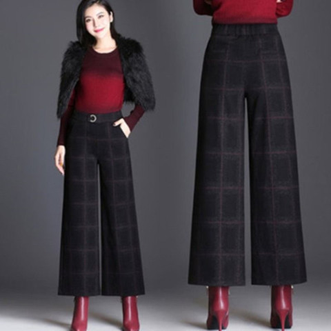 Striped Women Wide Leg Pants Woolen New Thick Warm Fashion Autumn Winter Trousers Elastic High Waist Female Casual Loose Pant ► Photo 1/6