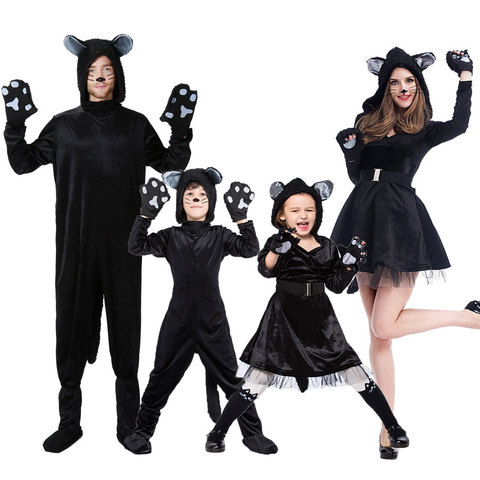 Umorden Halloween Purim Party Costumes Family Matching Animal Black Cat Costume Cosplay Jumpsuit for Adult Kids Girl Fancy Dress ► Photo 1/6