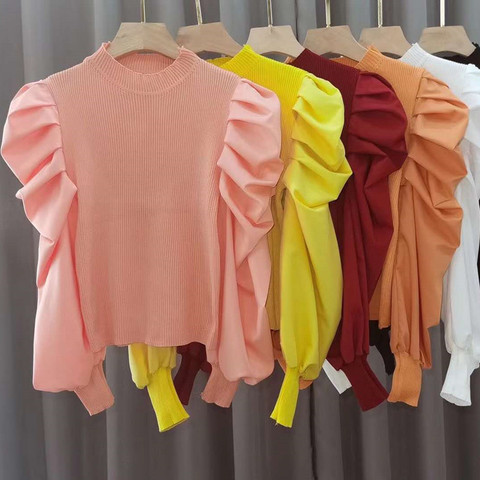 2022 Autumn Women Solid Sweater Cropped Pullover Crop Top Patchwork Chiffon Puff Sleeve Sweaters Pullovers For Female ► Photo 1/6