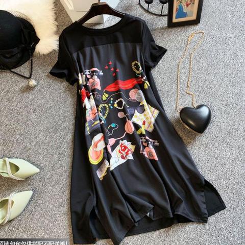 Summer Dress Women New Large Size Slimming Loose Fashion Belly-covering length Black Spliced Printing Vintage Oversized Dress ► Photo 1/5