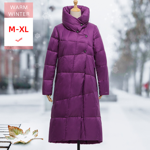 New Fashion Winter Women Long White Duck Down Jacket High Collar Female Thick Loose Warm Coat Covered Button Big Size Winproof ► Photo 1/6