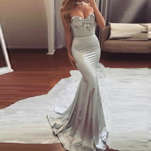 Vestidos De Gala Gray Long Prom Dress With Lace Neckline Custom Made Sexy Mermaid Party Prom Dresses 2022 Vestidos ► Photo 1/4