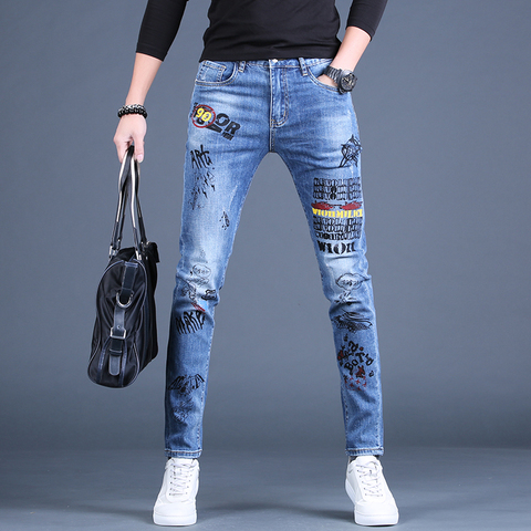 Free Shipping New Male casual Autumn men's 2022 spring printed jeans tide brand slim straight pants Korean trousers ► Photo 1/5