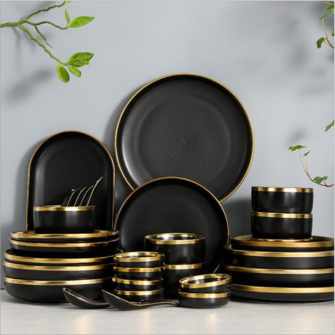 Gilt Rim Black Porcelain Dinner Plate Set Kitchen Plate Ceramic Tableware Food Dishes Rice Salad Noodles Bowl Cutlery Set 1p ► Photo 1/5