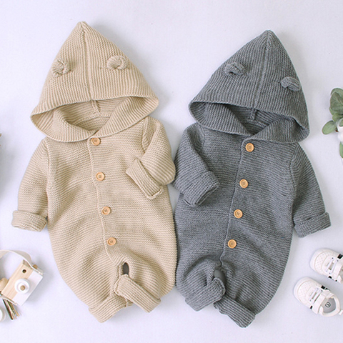 Children Baby Boy Girl Kids Knitting Long Sleeve Rompers Autumn Winter Baby Boys Girls Pure Color Hooded Rompers Clothes ► Photo 1/6