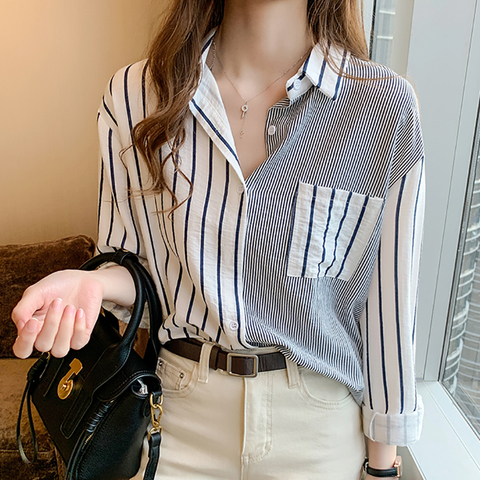 Shintimes Striped Casual Pockets Long Sleeve Shirt Women Cotton Blouse Ladies Clothes 2022 Button Womens Tops Chemisier Femme ► Photo 1/6