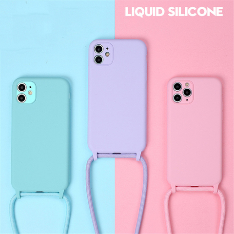 Original Liquid Silicone Cases For iPhone 11 Pro XS Max X XR SE 2022 8 7 Plus 6 6S Soft Candy Cover+Crossbody Lanyard Neck Strap ► Photo 1/6