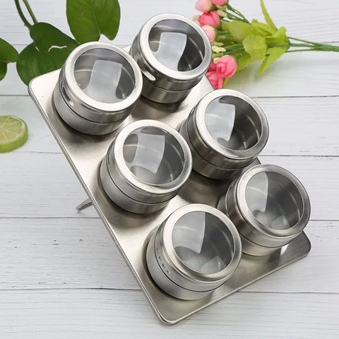 6pcs/set Magnetic Spice Tin Jar with Rack Stainless Steel Spice Sauce Storage Container Clear Lid Jars Kitchen Condiment ► Photo 1/6