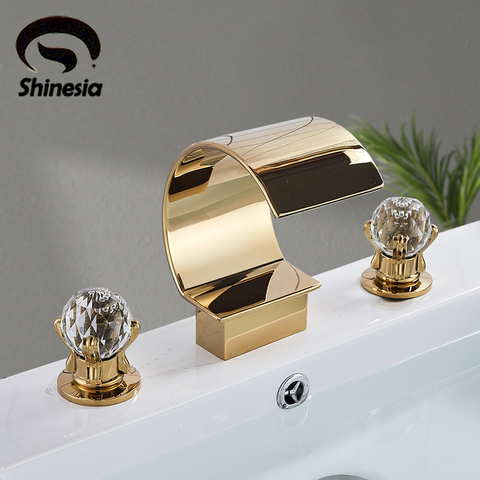 Shinesia Luxury Golden Bathroom Basin Faucet for Vessel Sink Crane Waterfall Hot and Cold Water Mixer Tap Dual Cristal Handle ► Photo 1/6