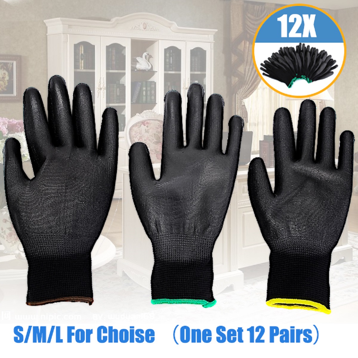 New Arrival 12 Pairs Black Nylon PU Safety Work Gloves Builders Grip For Palm Coating Gloves ► Photo 1/6