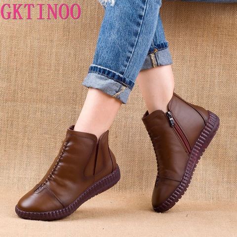 GKTINOO 2022 Winter Genuine Leather Ankle Boots Handmade Lady Soft Flat Shoes Comfortable Casual Moccasins Side Zip Ankle Boots ► Photo 1/6