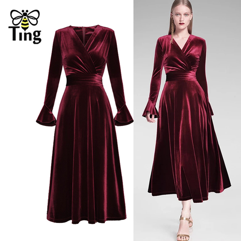 Tingfly Designer Runway Vingtage Velvet Party Dresses Lady Elegant V neck Flare Full Sleeve A Lime Midi Dress Tea Length Vestido ► Photo 1/6