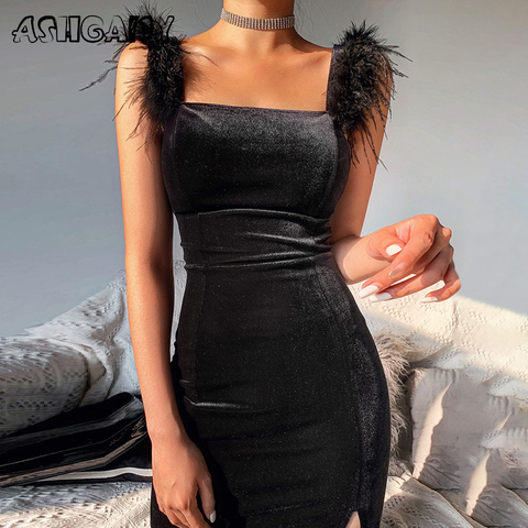 Ashgaily 2022 New Sexy Velvet Dress Women Sleeveless Dress Solid Feathers Bodycon Clothes Party Club Outfits Femme ► Photo 1/6