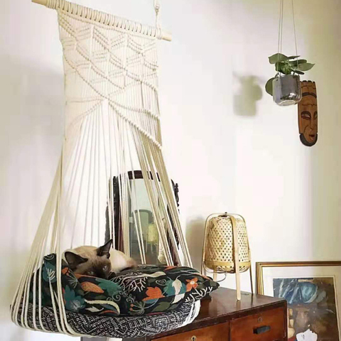 Boho Cat Swing Cage Handmade Macrame Pets Support Nordic Pet House Cats Hanging Sleep Chair Seats Toy Four Seasons Available ► Photo 1/5