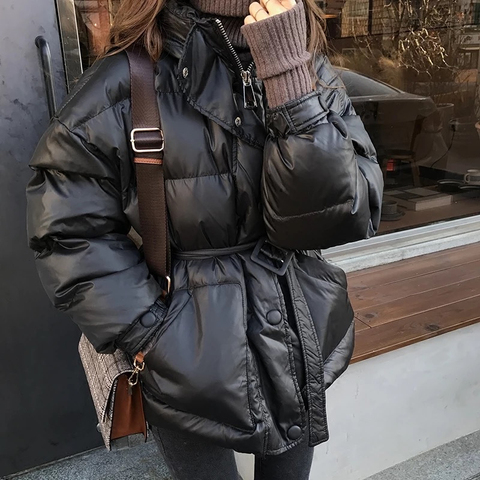 woman winter coats 2022 thick warm jacket waist down cotton padded women's parka loose jacket outwear black jacket with belt M19 ► Photo 1/6