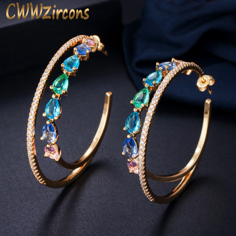 CWWZircons Double Circle Rainbow Color Cubic Zirconia Crystal Big Round Gold Hoop Earrings for Women Statement Jewelry CZ562 ► Photo 1/6