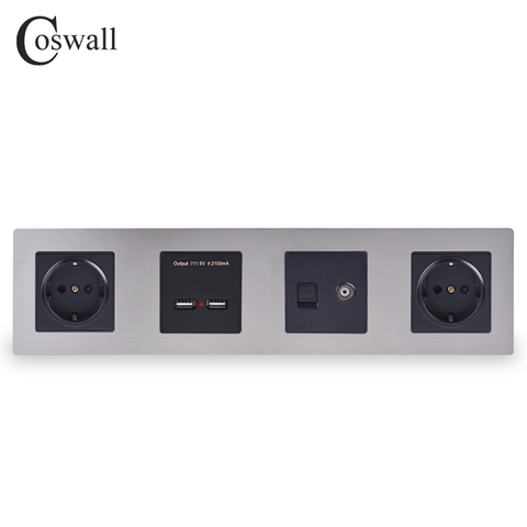 COSWALL Silver Stainless Steel Panel Black Double Wall EU Socket + Dual USB Charging Port + TV Jack with CAT5E Internet Port ► Photo 1/1