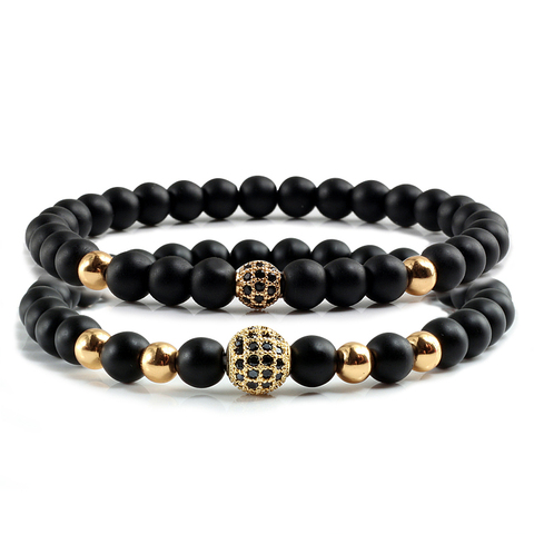 2pc/set Matte Onyx Stone Beads Men Bracelets Pave Ball Rose Gold Bileklik 6mm Beaded Strand Couple Distance Bracelet Pulsera ► Photo 1/6