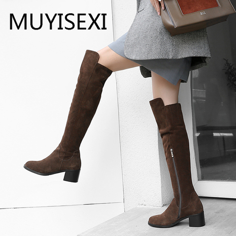 Brown 5cm Square Heel Women Winter Boots Thigh High Boots Black High Over the Knee Full Real Suede Leather Warm LDI09 MUYISEXI ► Photo 1/6