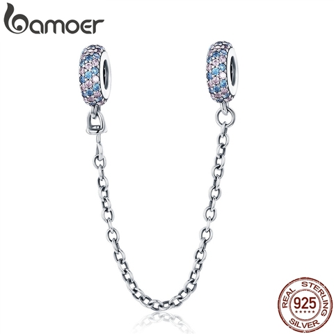 BAMOER Real 100% 925 Sterling Silver Pink and Blue CZ Round Safety Chain Charm Fit Charm Bracelet DIY Jewelry Making SCC379 ► Photo 1/4