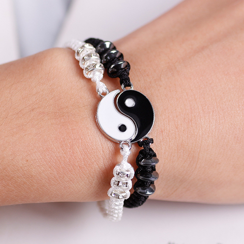 Fashion retro yin and yang tai chi alloy pendant black and white two-piece leather cord woven men and women couple bracelet gift ► Photo 1/6