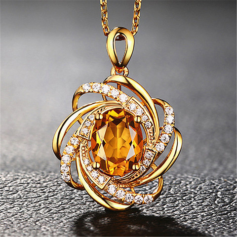 2 carats yellow crystal citrine gemstones diamonds pendant necklaces for women gold tone choker chain jewelry bijoux bague gifts ► Photo 1/6