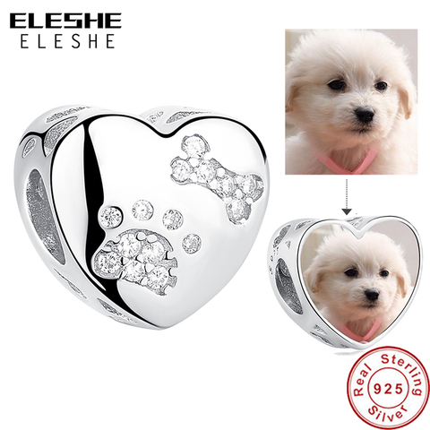 ELESHE 925 Sterling Silver Pet Paw Print Heart Custom Photo Charms Beads Fit Pandora Bracelet Necklace DIY Personalized Jewelry ► Photo 1/6