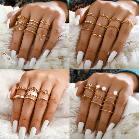 Tocona Luxury Gold Moon Rings Sets Bohemian Tassel Shiny Crystal Stone Pearl Heart Coin Geometric Jewelry for Women Men Anillo ► Photo 1/6