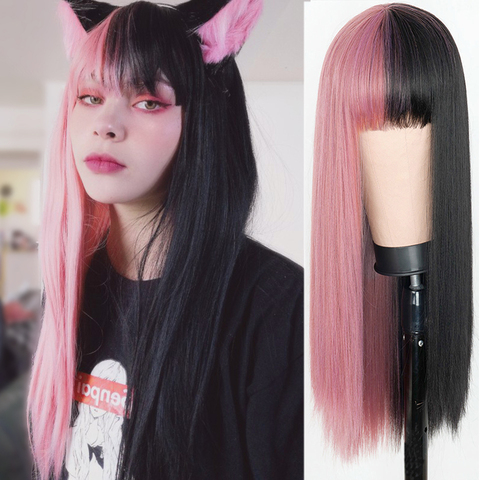Pink and Black Wig Long Straight hair Cosplay Wig Two Tone Ombre Color Women Synthetic Hair Wigs ► Photo 1/6