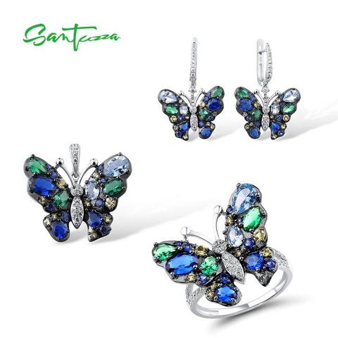 SANTUZZA Silver Jewelry Set For Women 925 Sterling Silver glamorous Blue Butterfly Pendant Earrings Ring Set Party Fine Jewelry ► Photo 1/6