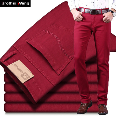 Classic Style Men's Wine Red Jeans Fashion Business Casual Straight Denim Stretch Trousers Male Brand Pants ► Photo 1/6