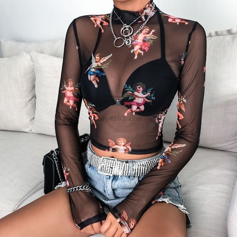 Sexy Women T-Shirt See Through Transparent Mesh Tops Long Sleeve Sheer Slim Ladies Turtleneck T-Shirt Angel Printed Women ► Photo 1/6