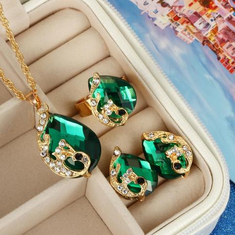 ZOSHI Wedding Jewelry Sets for Women Crystal Gold Chain Peacock Necklace Earrings Set Adjustable Rings 3pcs Jewelry Set ► Photo 1/6