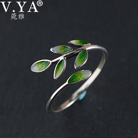 V.YA Real 925 Sterling Silver Green Enamel Leaf Ring  Vintage Adjustable Ring Elegant Fine Jewelry For Women Party Accessories ► Photo 1/6