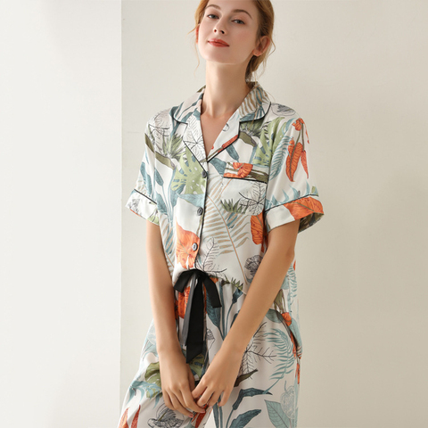 Lisacmvpnel Summer New Printing Pajamas Woman Silk Suit Short Sleeve Trousers Loose High Archives Sleepwear ► Photo 1/4