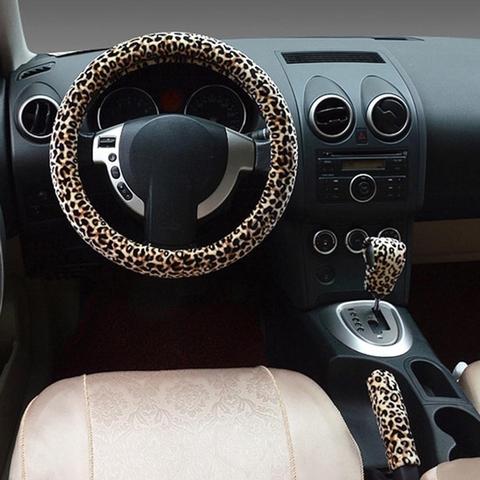 3Pcs 38cm Winter Leopard Print Car Steering Wheel Hand Brake Shifter Cover Set The New Soft durable Comfortable ► Photo 1/5