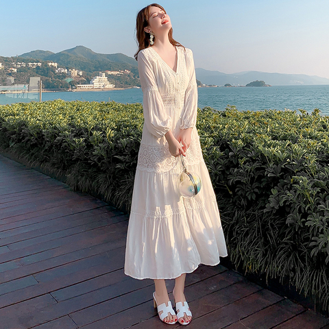 SMTHMA 2022 New arrival Summer Boho Women Maxi Dress White Lace Long Tunic Beach Dress Vacation Holiday Clothes ► Photo 1/6