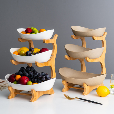 Creative double-layer multi-layerplate ceramic dried fruit plate bamboo wooden shelf sushi dish fruit basket LM01231454 ► Photo 1/6