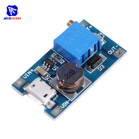 MT3608 DC-DC 2-24V to 5-28V 6V 12V 24V 2A Boost Step Up Converter Module with Micro USB Interface Adjustable 3296 Potentiometer ► Photo 1/4